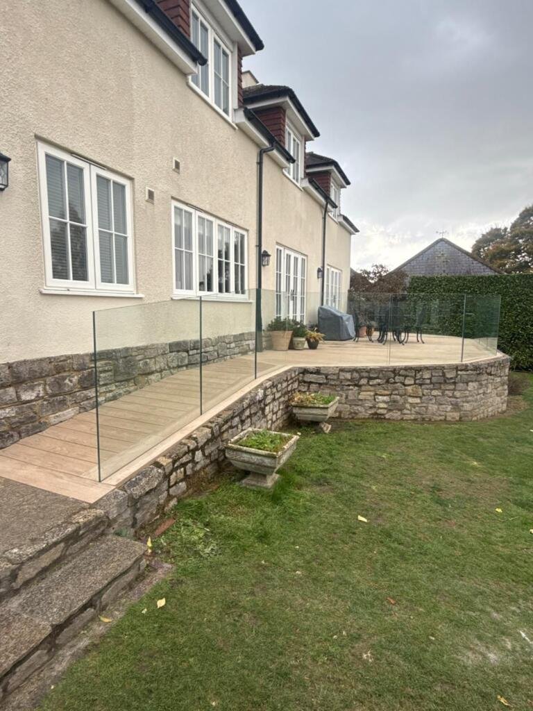Millboard Ashwood Raised Deck & Frameless Glass Balustrade, Child Okeford, Dorset
